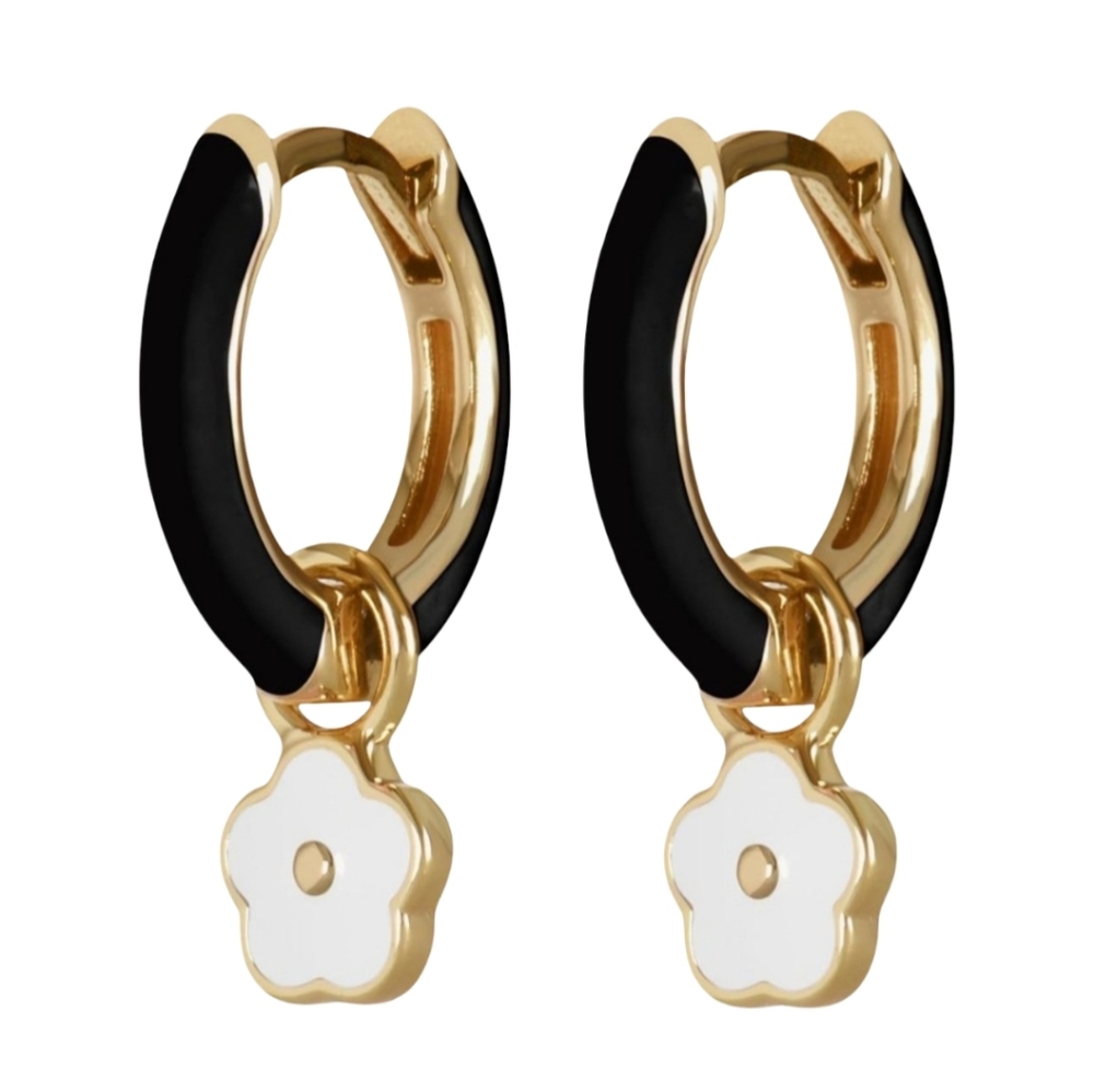 Little White Flower Charm Hoop Earrings Black Enamel Gold Hinged Huggie Hoops